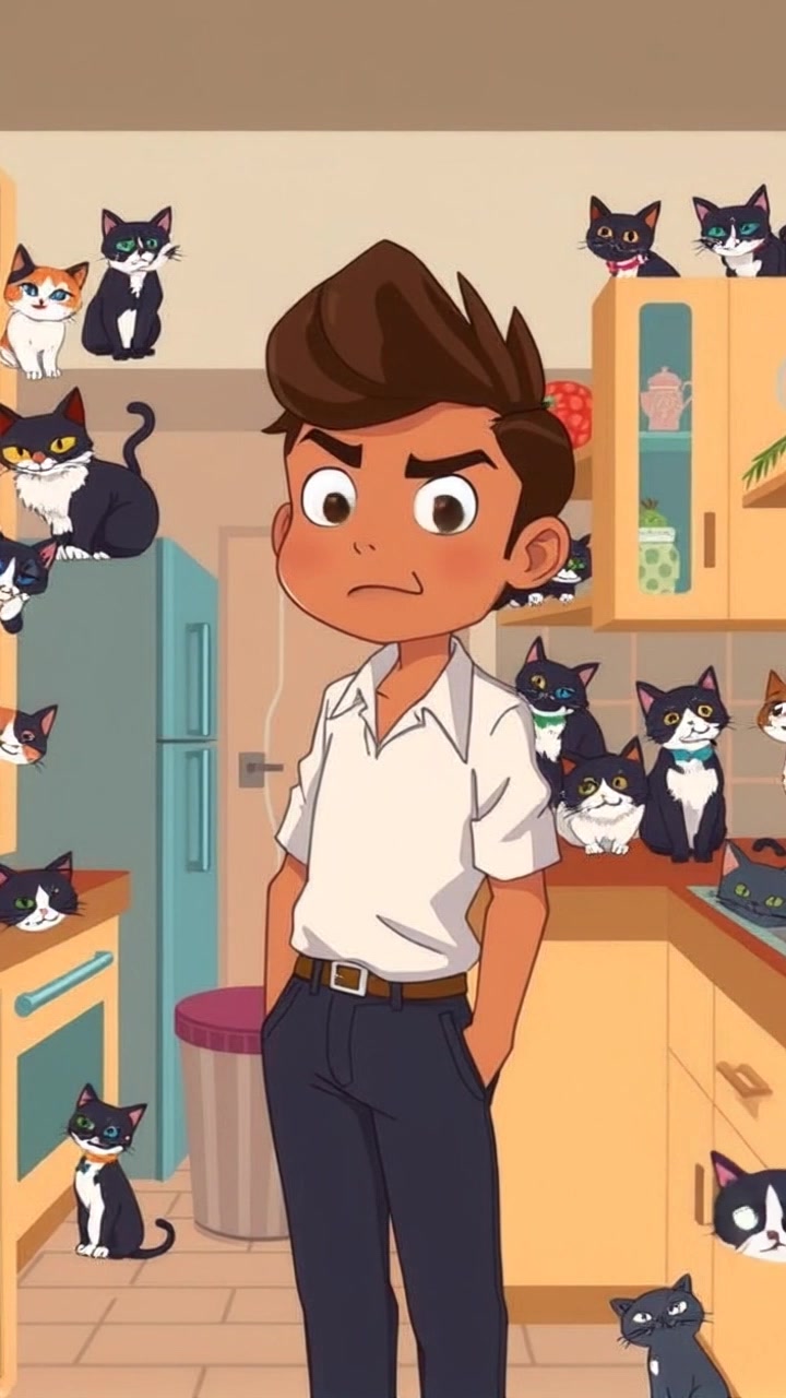 Subject: A person standing in a kitchen. Subject movement: The person looks around suspiciously, glancing over their shoulder. Scene: A modern kitchen, spacious and minimally designed, with stainless steel appliances and marble countertops. Style: Bright ambient lighting fills the room, casting soft shadows. Motion: The camera begins with a close-up on the person's face, then slowly pushes out to reveal the entire kitchen as the character shifts their gaze, creating a sense of tension in the atmosphere.