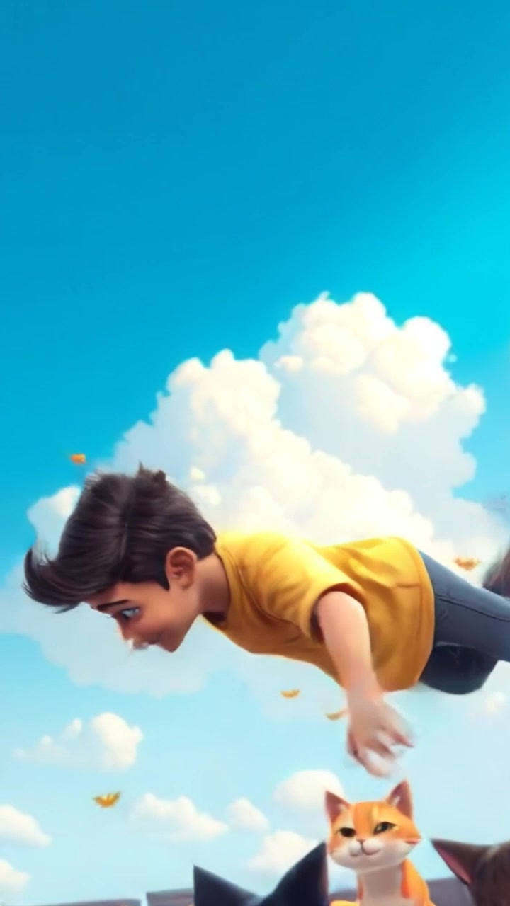 Subject: A figure soaring through the air. Subject movement: The figure glides effortlessly across the bright blue sky, weaving through fluffy white clouds with graceful arcs and turns. Scene: The expansive sky above a sunlit landscape, with the figure bathed in warm sunlight. Style: Radiant, morning light intensifying the blue of the sky and the white of the clouds. Motion: The camera tracks closely behind the figure, capturing a dramatic perspective as it dips and rises, showcasing the vastness of the sky around it.