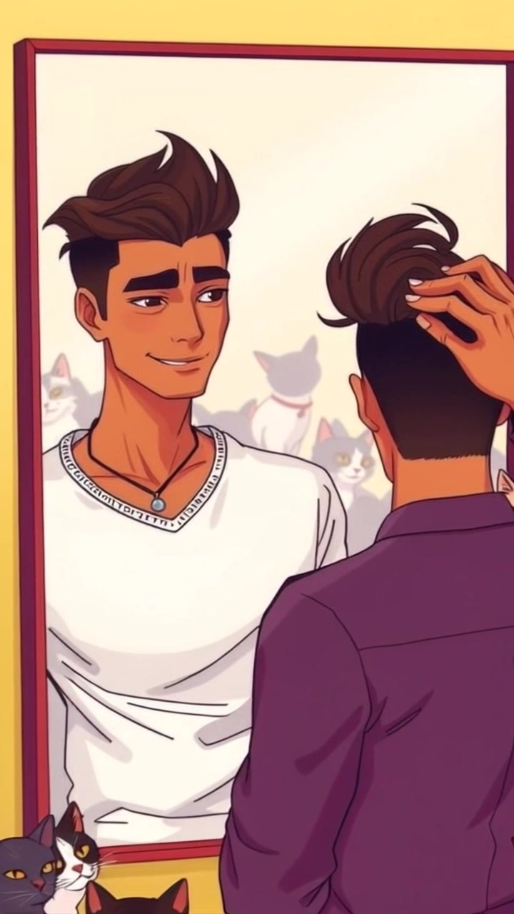 Subject: A young man adjusting his hair with a smirk while standing in front of a mirror. Subject movement: He tilts his head slightly, running his fingers through his hair, exuding confidence. Scene: A modern, stylish bathroom with a large mirror and contemporary decor. Lighting: Soft, ambient lighting that highlights the man's features and creates a warm atmosphere. Motion: Camera slowly zooms in on the subject's reflection in the mirror, capturing the confident expression on his face as he adjusts his hairstyle.