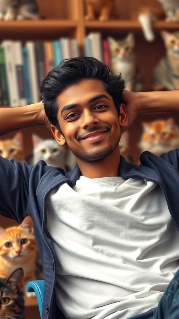 Subject: A person with a confident smile, leaning back in a chair, hands behind their head. Scene: A cozy, modern office with warm lighting and soft furnishings, exuding a relaxed atmosphere. Motion: The camera gently pushes in to capture a close-up of the person's expression, as the lens subtly blurs the background, creating an inviting, intimate feel.