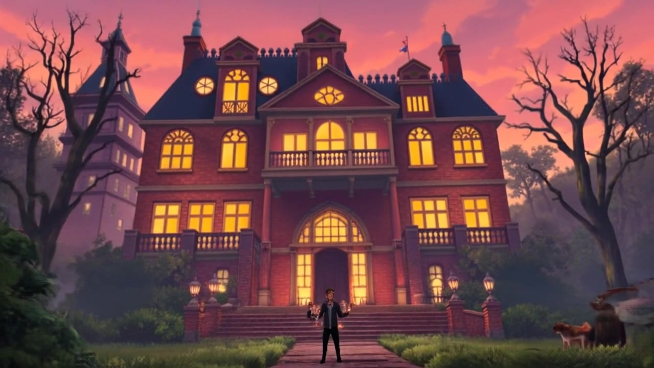 Subject: A determined figure standing before an old mansion. Subject movement: The figure stands still, bracing for action, at the entrance of the mansion. Scene: An ancient mansion with intricate gothic architecture, the sun setting behind it, casting long shadows over the overgrown garden. Style: Dusk lighting amplifying the mystery with cool tones and deep contrasts. Motion: A gentle dolly-in shot that zooms closer to the figure, capturing the tension in the stance as subtle winds rustle the leaves around.