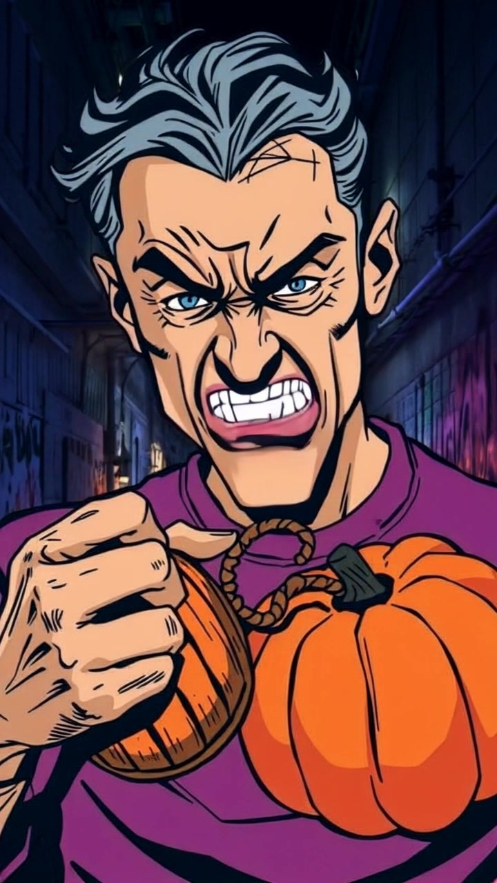 Subject: A character with a chaotic expression, holding a pumpkin bomb. Subject movement: The character growls fiercely while wildly gesturing with the bomb. Scene: An intense urban alleyway filled with graffiti and flickering neon lights, creating a suspenseful atmosphere. Style: Dramatic low-key lighting where shadows dance dangerously, amplifying the tension. Motion: Camera tracks in closely on the character's face, capturing the raw emotion, then quickly pushes out to reveal the entire scene with the ominous bomb in view.
