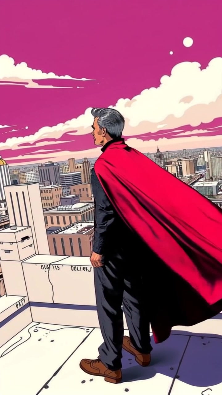 Subject: Omar, in a flowing cape, standing confidently on a rooftop. Subject movement: Omar scans the city, his cape billowing dramatically in the wind as he turns slightly. Scene: Rooftop overlooking a sprawling city skyline, with skyscrapers and city lights in the distance. Style: Evening light with a vibrant sunset casting warm hues across the scene. Motion: A slow, sweeping camera pan across the skyline, capturing the city glow while drawing focus back to Omar in his heroic stance.