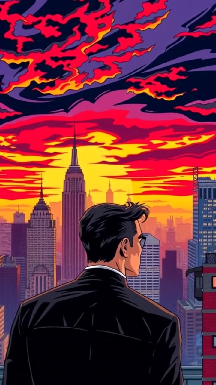 Scene: A dramatic view of Gotham's skyline at sunset, with vibrant oranges and purples painting the sky. Subject movement: A figure stands vigilantly on a rooftop, observing the city below, their silhouette sharply defined against the glowing backdrop. Motion: The camera slowly zooms in on the figure, heightening the sense of anticipation, before panning sideways to reveal the sprawling urban landscape beneath.