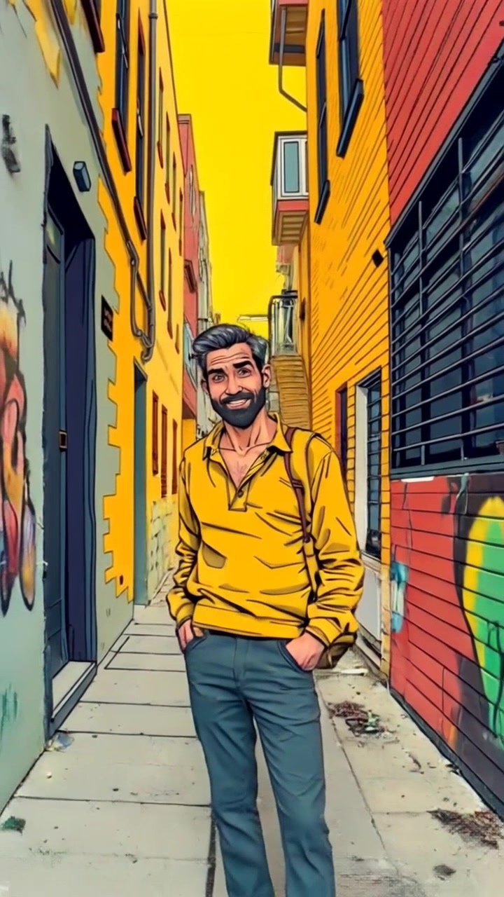 Subject: A confident figure standing in an urban alley. Subject movement: The figure looks around with excitement, shifting weight from one foot to the other. Scene: A narrow, graffiti-covered alleyway lined with colorful murals and scattered debris, imbued with a sense of energy and urban life. Style: Late afternoon light casts dynamic shadows, enhancing the textures of the alley. Motion: The camera performs a smooth, circular dolly around the subject, capturing their eagerness as the surroundings come to life with a subtle hand-held feel, emphasizing the vibrant atmosphere.