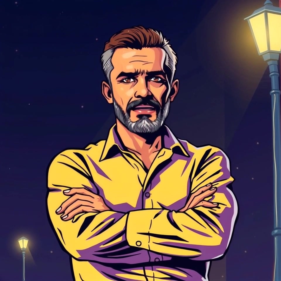 Subject: A confident figure standing with arms crossed under a streetlight, wearing a determined expression. Scene: Nighttime urban environment, a focused streetlight casts a dramatic glow on the subject, highlighting the gritty surrounding walls. Motion: Camera pushes in slowly, capturing the intensity of the subject's expression while maintaining a shallow depth of field, creating a moody atmosphere with hints of the city in soft focus.
