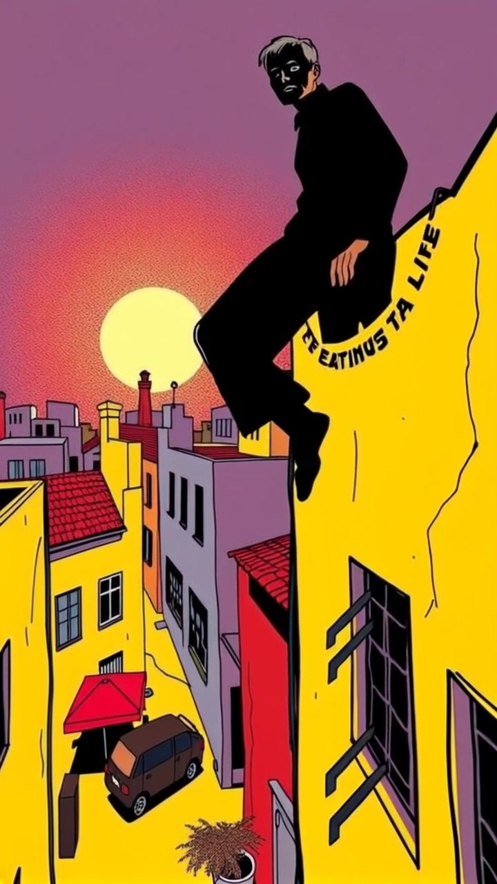 Scene: A shadowy figure perched atop a rooftop, overlooking a bustling alleyway filled with activity. Style: Dim evening light creates a mysterious atmosphere with soft shadows across the scene. Motion: The camera slowly pushes in towards the figure, revealing their intense gaze fixed on the unfolding drama below, as distant noise and movement in the alley create an engaging backdrop.