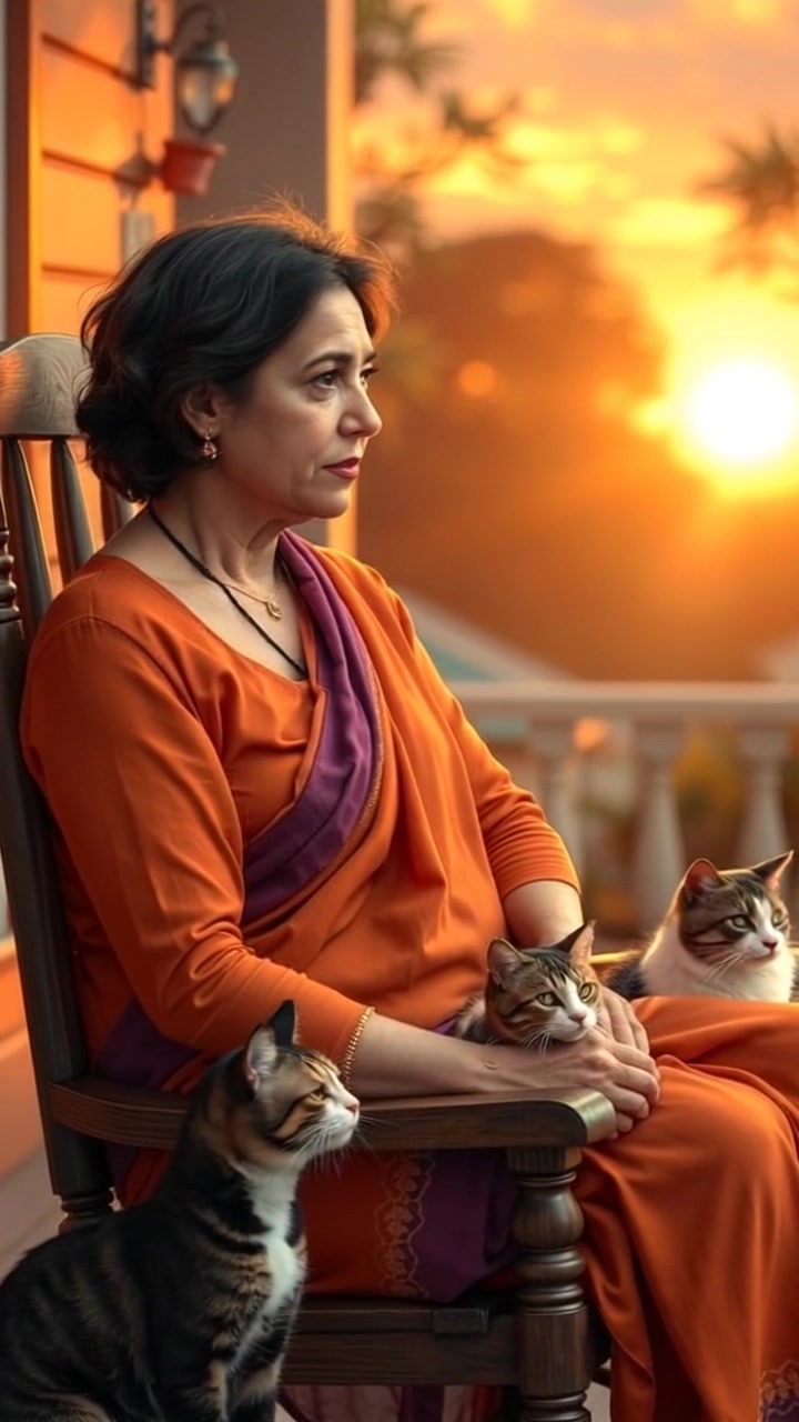 Subject: A person sitting in a rocking chair. Subject movement: The rocking chair sways gently back and forth as the person enjoys the serene view. Scene: A peaceful porch overlooking a vibrant sunset, with warm hues of orange and pink filling the sky. Style: Soft, golden-hour lighting enhances the tranquil atmosphere, casting gentle shadows. Motion: The camera slowly pushes in from a distance, capturing the rocking motion of the chair and the beautiful sunset, creating a sense of calm and reflection.