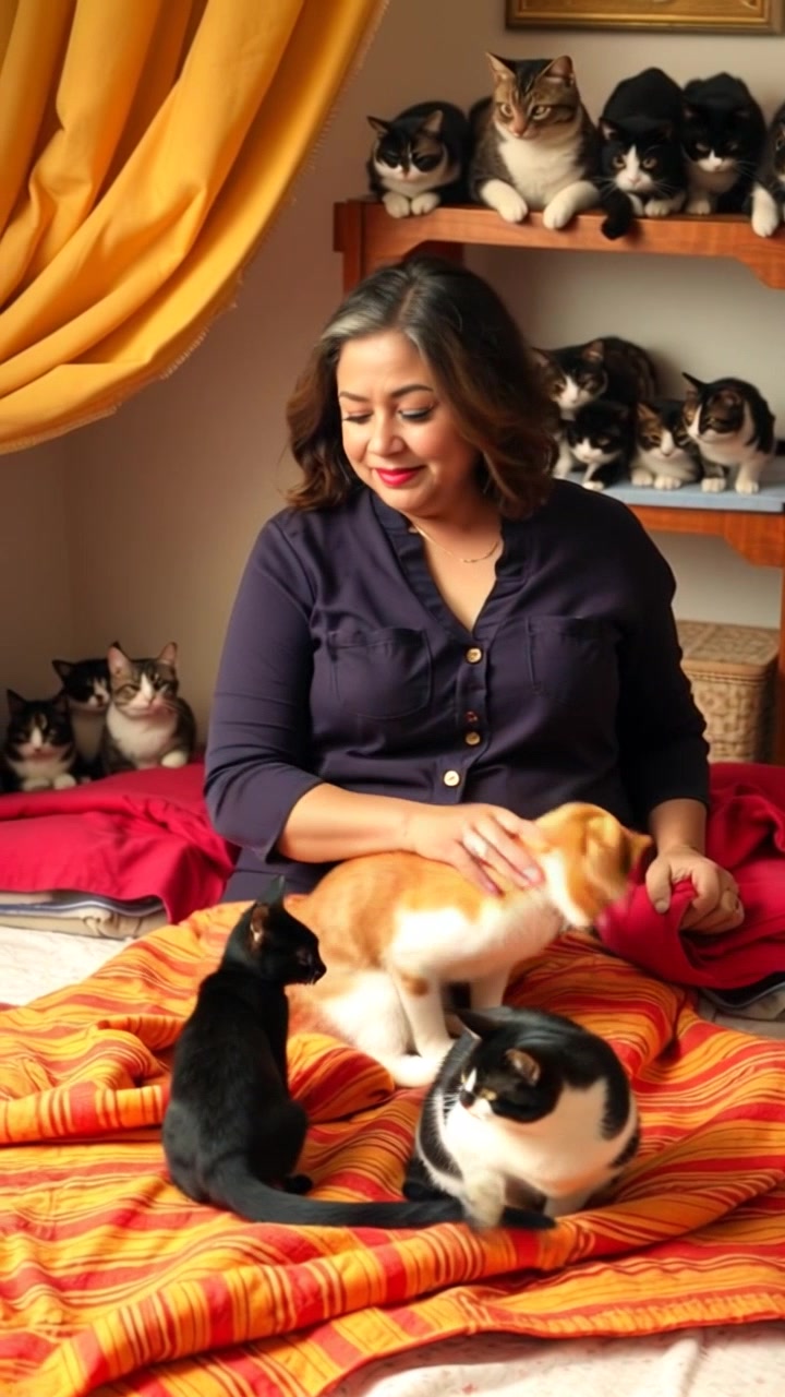 Subject: Asha organizing a cozy bed with vibrant colored blankets in her spare room. Subject movement: Asha moves thoughtfully, tucking in the last blanket with a gentle touch. Scene: A charming, inviting spare room featuring soft pastel walls and warm natural light filtering through sheer curtains. Style: Morning light creating a warm and cozy atmosphere filled with colorful textiles. Motion: A smooth handheld camera tracking shot circles around Asha as she finishes arranging the bed, highlighting the texture of the blankets and the inviting feel of the room.