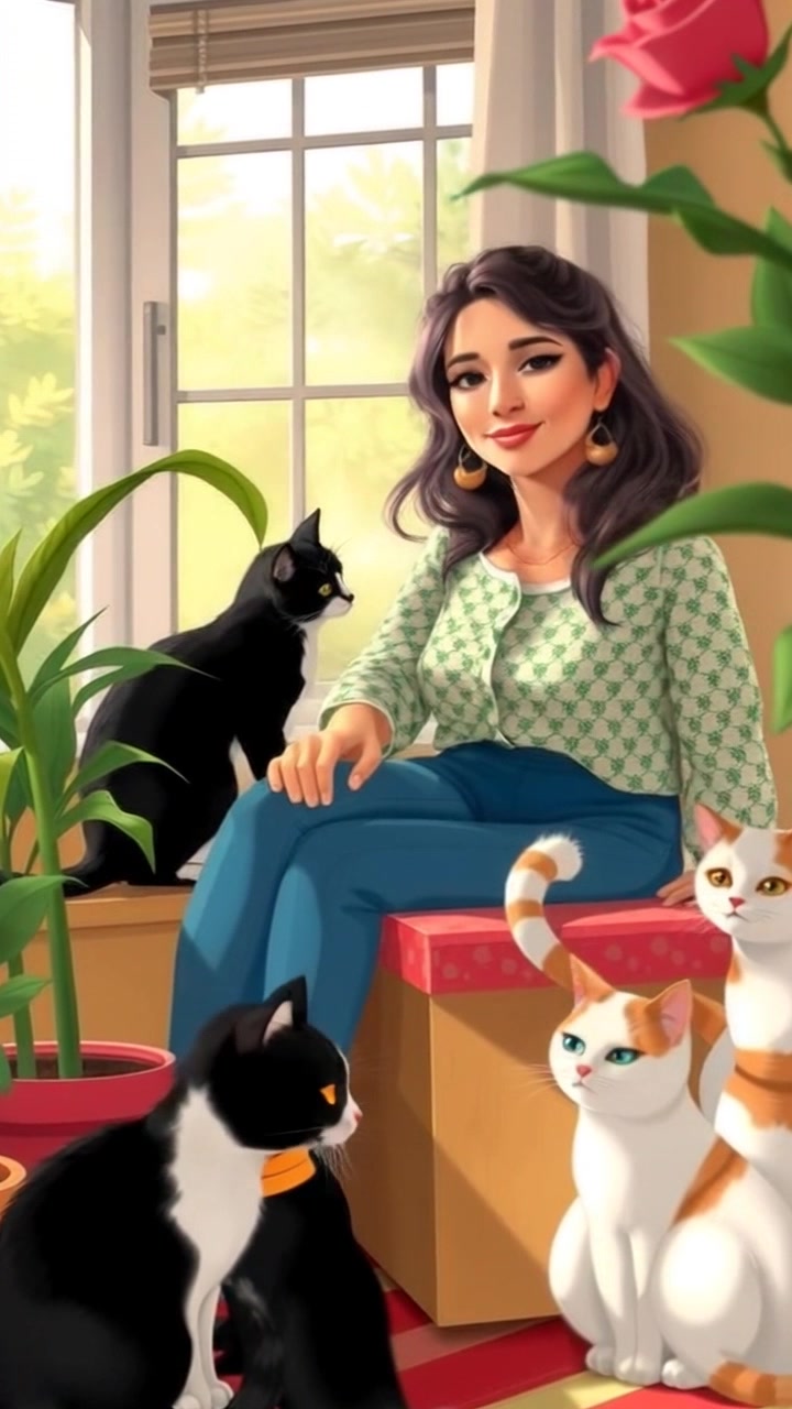 Scene: Asha sitting peacefully in her sunroom, surrounded by a variety of lush houseplants, next to a cozy box in the inviting space. Style: Morning light streaming through the large windows, casting soft shadows and creating a warm, serene atmosphere. Motion: The camera gently pushes in, capturing the intimate details of Asha's relaxed demeanor and the vibrant greenery around her, while slowly panning to showcase the tranquil setting.