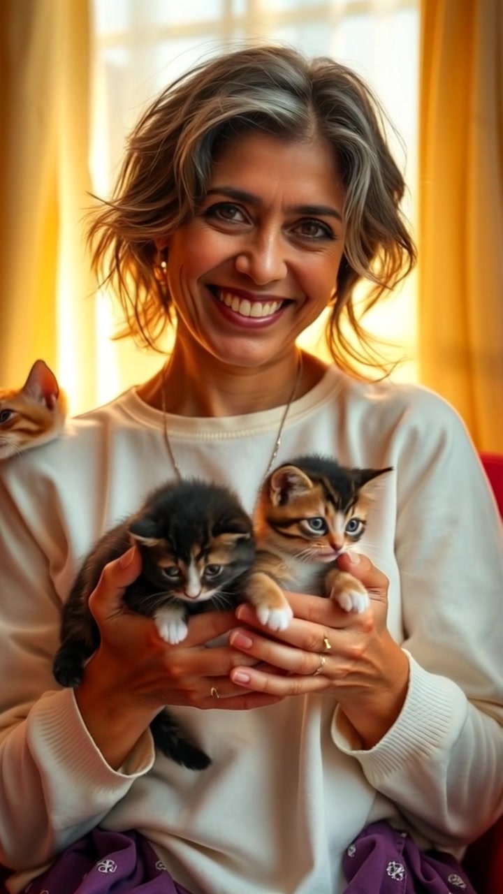 Subject: A joyful woman holding a small kitten in her hands, smiling warmly at the camera. Subject movement: She gently cradles the kitten, leaning slightly forward with infectious joy. Scene: A bright, sunlit room with soft light streaming through a window, casting gentle shadows on the walls. Style: Warm, inviting lighting enhancing the cheerful atmosphere. Motion: The camera softly pushes in on the woman and kitten, capturing close-ups of their expressions and the delicate details of the kitten's fur, while the sunlight creates a sparkling effect.