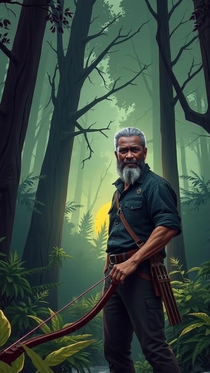 Subject: Kwame standing confidently in a lush forest, bow in hand. Subject movement: He takes a slow, deliberate step forward, scanning the surroundings. Scene: Dense, vibrant forest with tall trees and thick underbrush envelops him. Style: Soft, dappled sunlight filtering through the leaves, creating patches of warmth amidst cool shadows. Motion: Camera gently pushes in on Kwame as he moves, focusing closely on his determined expression, while capturing the enchanting details of the forest around him.