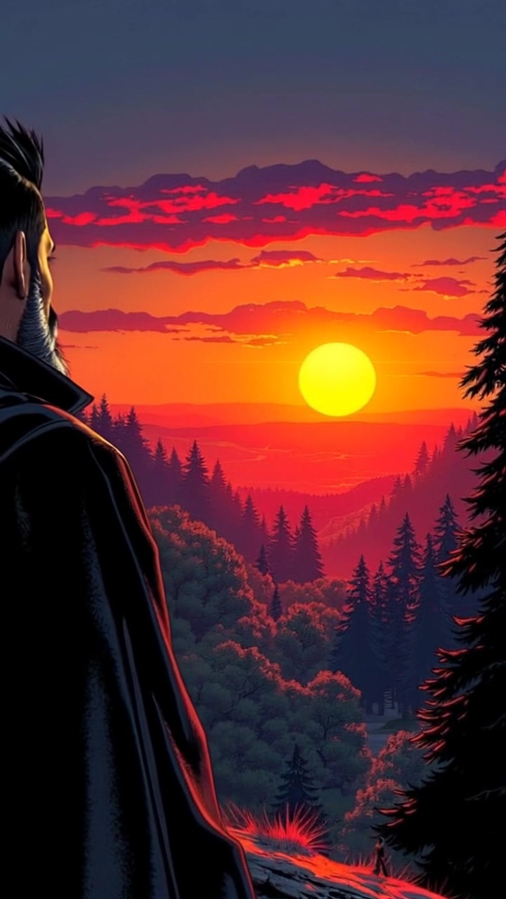 Subject: A person standing on a hilltop at sunset, gazing over a tranquil valley. Subject movement: They slowly turn their head to take in the scenic view. Scene: A hilltop overlooking a peaceful valley rich with trees, bathed in the warm glow of sunset. Style: Warm, golden-hour lighting envelops the landscape, enhancing the serene atmosphere. Motion: The camera begins with a close-up of the person's silhouette against the setting sun, then smoothly pulls back to reveal the vast valley stretching below.