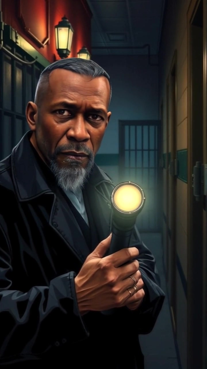 Subject: A stern figure standing in a dimly lit prison corridor, holding a flashlight. Subject movement: The figure scans the corridor with the flashlight, illuminating the dark surroundings intermittently. Scene: The prison corridor is lined with solid steel doors, shadows and flickering lights enhancing the atmosphere of confinement. Lighting: Dim, moody light accentuated by the beam of the flashlight. Motion: The camera pushes in slowly towards the figure, following the beam of light as it sweeps over the corridor, revealing glimpses of the desolate environment.