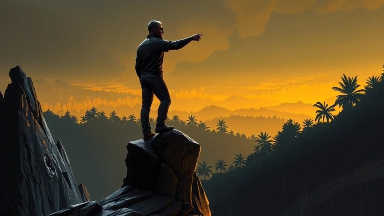 Subject: A confident figure standing on a rocky outcrop. Subject movement: The figure gestures dynamically towards the dense forest in the distance while maintaining a strong stance. Scene: A rugged rocky outcrop overlooking a lush, dense forest with the expansive landscape sweeping away in the background. Style: The scene is lit with warm evening light, casting long shadows and highlighting the textures of the rocks and foliage. Motion: The camera performs a smooth push in towards the subject, capturing the subtle sway of their movement while emphasizing the vastness of the forest beyond.