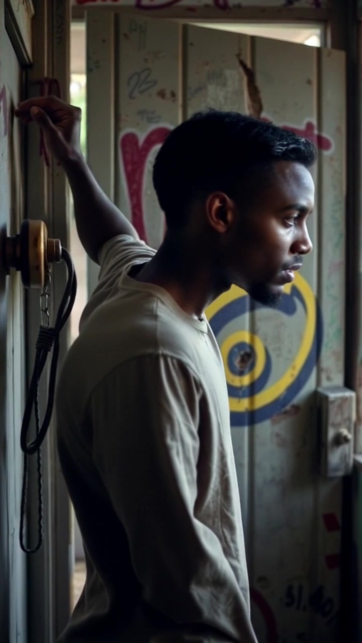 Scene: A mysterious, ancient door set into the wall of a dark, damp corridor, illuminated by flickering torchlight. Atmosphere: Tense and suspenseful, with shadows dancing menacingly across the stone. Motion: Camera slowly pushes in as Isaiah's hand hovers over the door, capturing the moment of anticipation just before he realizes it is locked.