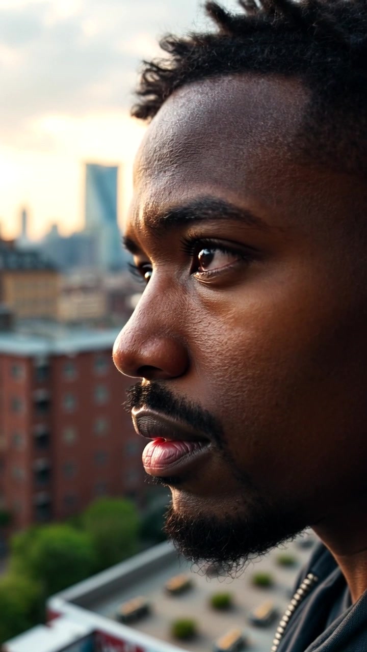Scene: A close-up of a thoughtful individual with a blurred city skyline in the background, evoking a sense of introspection amidst urban chaos. Style: Soft, ambient lighting accentuating the contours of the face, creating a warm and intimate atmosphere. Motion: Smooth zoom-in on the face that gradually reveals hints of the vibrant city life, enhancing the contrast between the individual’s contemplative mood and the bustling surroundings.