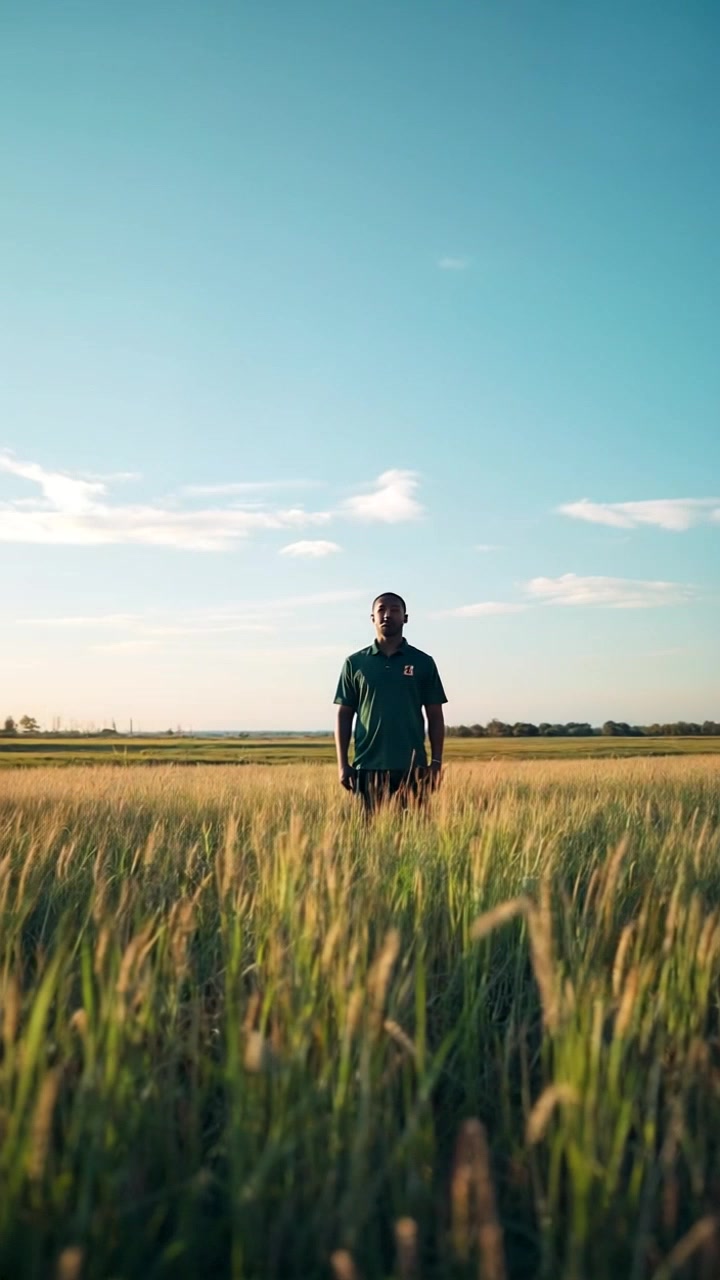 Subject: A figure standing resolutely in a vast field, embodying determination and hope. Subject movement: The figure gazes confidently into the distance as a gentle breeze rustles through the tall grass, creating a sense of motion. Scene: A breathtaking open field under a blue sky with wispy clouds, enhancing the feeling of freedom and aspiration. Style: Soft morning light casts a warm glow over the scene, highlighting the colors of the landscape. Motion: The camera slowly pushes in towards the figure, capturing the nuances of their expression and the vibrant surroundings, while the tall grass sways gracefully around them.
