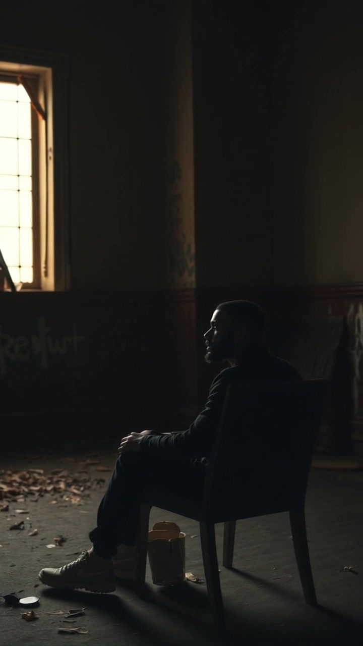 Scene: A dark room illuminated by a single overhead light, casting dramatic shadows around a figure seated in a chair, deep in contemplation. Style: Moody lighting enhances the atmosphere of introspection and solitude, creating a stark contrast between light and dark. Motion: Camera gently pans around the seated figure, capturing the reflective mood as the light flickers subtly, emphasizing the contours of the space.