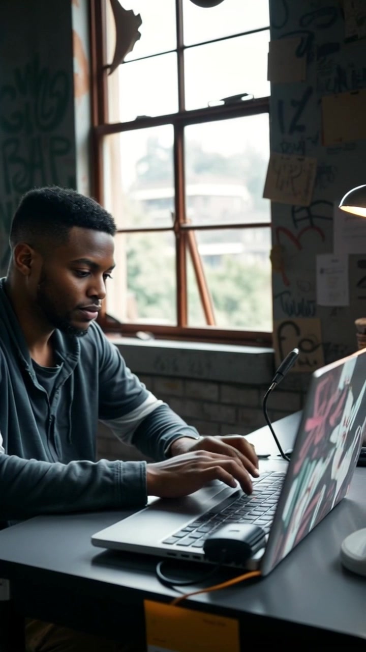Scene: A focused individual sitting at a modern desk, absorbed in typing on a smartphone, with a softly lit workspace around them. Style: Warm, ambient lighting creates a calm and inviting atmosphere, highlighting the contours of the desk and the individual's concentration. Motion: Camera slowly pushes in, gradually revealing details of the phone screen and the person's intent expression as soft background elements subtly blur.