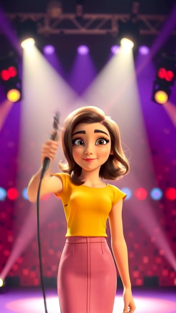 Subject: Laila smiling confidently on stage. Subject movement: She lifts the microphone excitedly as if addressing an enthusiastic audience. Scene: A vibrant stage lit with bright lights, creating an electrifying atmosphere. Style: High-energy stage lighting casting colorful reflections around. Motion: Camera begins with a close-up on Laila's face, then smoothly pulls back to reveal the expansive audience cheering, capturing the lively vibe of the performance.