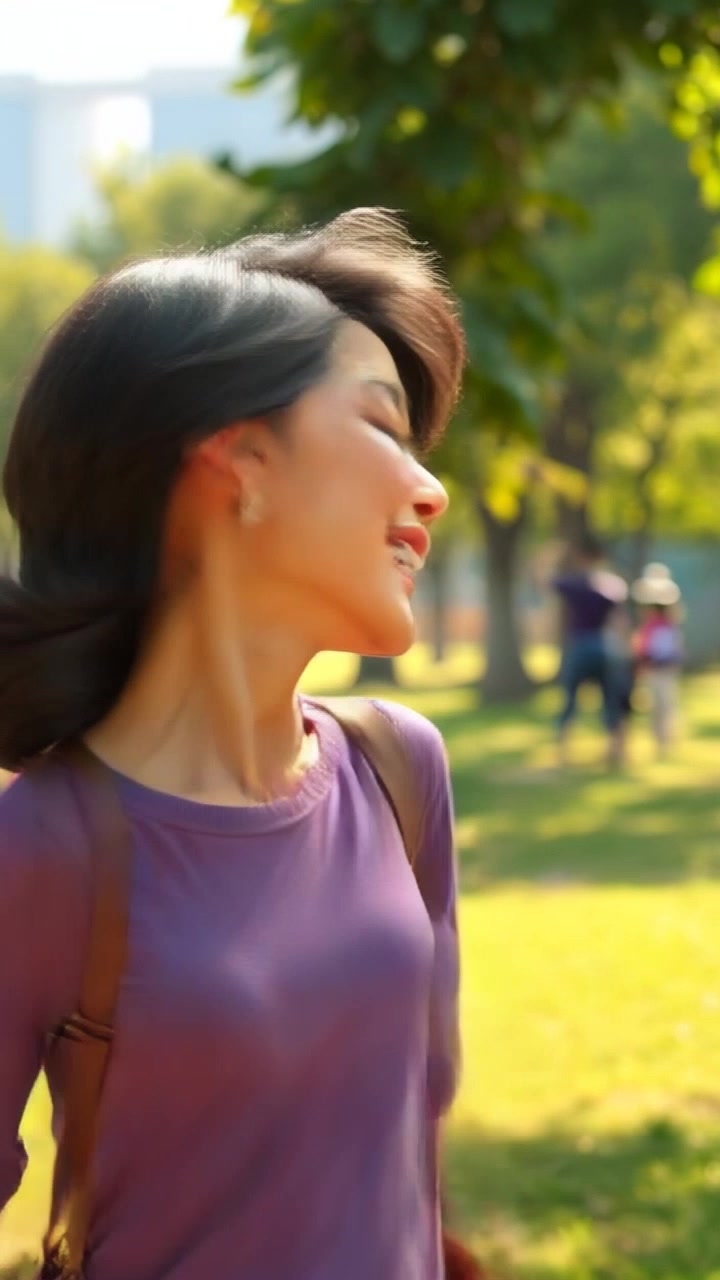 Subject: A joyful woman laughing. Subject movement: She spins around happily amidst a sunny park. Scene: Bright, vibrant park filled with children playing in the background, trees swaying gently in the breeze. Lighting: Sunshine illuminating the scene with a warm, golden glow, highlighting the cheerful atmosphere. Motion: Camera elegantly pans around her, capturing the infectious joy on her face, while the laughter of the children adds to the lively backdrop.