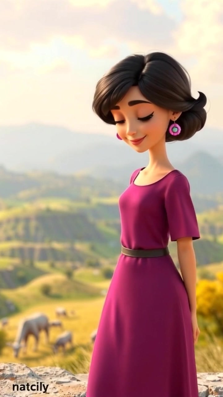 Subject: A young woman standing on a hilltop, her gaze directed downwards at a lush valley below, a soft smile on her face. Subject movement: She shifts her weight slightly, the breeze gently tousling her hair. Scene: Hilltop overlooking a vibrant green valley under a clear blue sky, with distant mountains framing the horizon. Style: Warm, inviting light of late afternoon casting soft shadows across the landscape. Motion: Camera begins with a close-up of her serene expression, then slowly zooms out to reveal the breathtaking landscape around her.