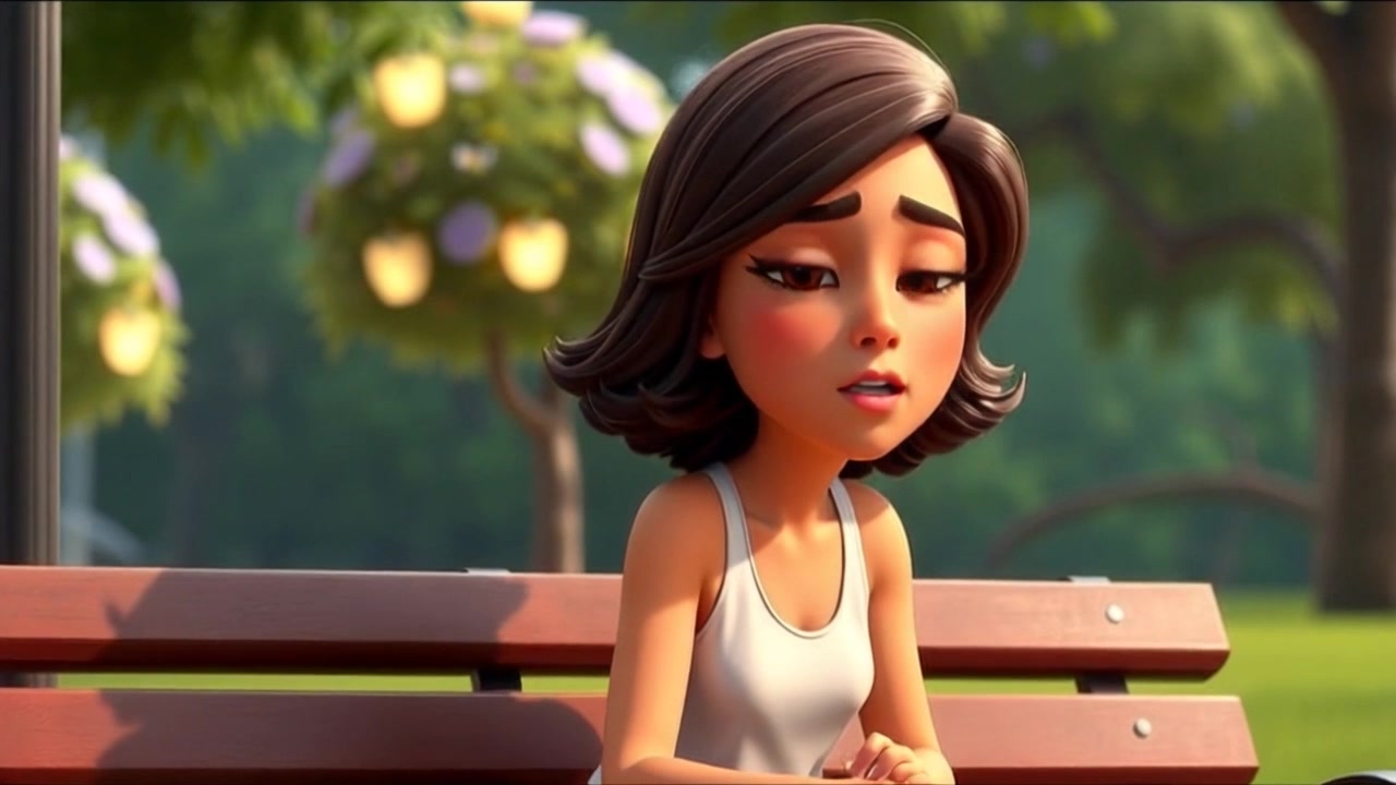 Subject: A young woman named Laila sitting on a park bench, looking anxious. Subject movement: She fidgets slightly, glancing around nervously as the trees sway gently in the background. Scene: Lush green park with tall trees and dappled sunlight filtering through the leaves. Style: Ambient lighting creates a serene atmosphere, contrasting with Laila's anxieties. Motion: The camera slowly zooms in on Laila's face to capture her emotions, then pans out to reveal the tranquil park surrounding her.