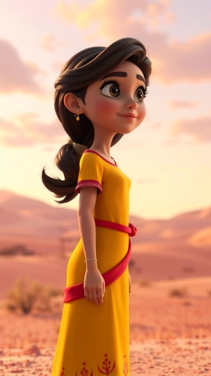 Subject: Laila standing alone on the barren landscape, looking hopeful as she gazes towards the horizon. Subject movement: Laila gently shifts her weight from one foot to another, embodying a sense of hopefulness. Scene: A vast, desolate landscape stretching out, with a clear view of the horizon under a bright sky. Style: Morning light illuminating the scene with a soft, warm glow, enhancing the atmosphere of tranquility and anticipation. Motion: The camera slowly pushes in towards Laila, capturing her expression and the expanse of the land around her, creating a sense of intimacy while still emphasizing the vastness of her surroundings.