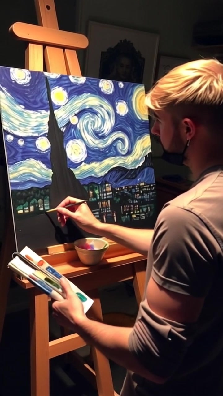 Subject: A painter immersed in creating a vivid representation of 'The Starry Night'. Subject movement: The painter skillfully strokes the canvas, alternating between quick flicks and steady application of paint. Scene: A dimly lit studio, scattered with brushes and palettes, emanating an artistic vibe. Lighting: Soft, ambient lighting highlighting the contours of the studio and the canvas. Motion: The camera gently pushes in on the artist's focused expression, then smoothly pans down to capture the vibrant colors merging on the canvas, conveying the energy of the creative process.