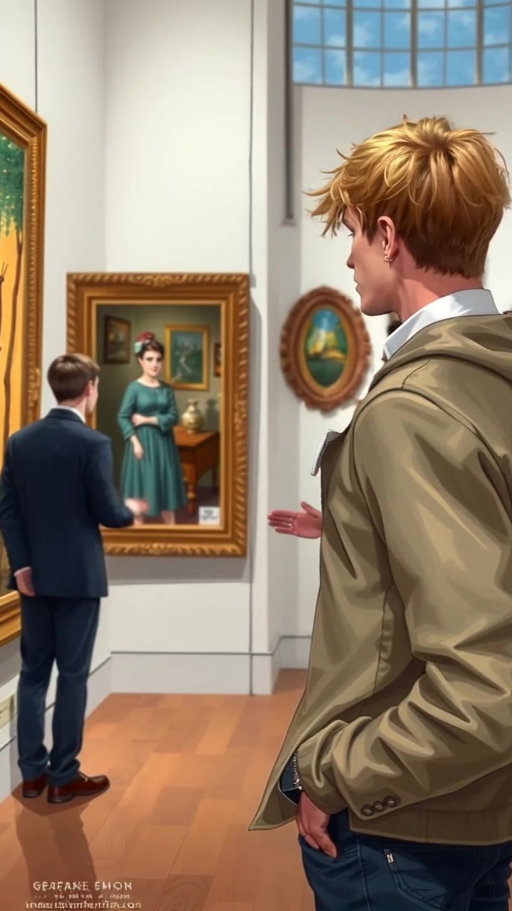 Scene: An art gallery filled with vibrant artworks, elegant lighting enhances the colors as Ryan examines a painting closely while engaged in conversation with a distinguished art dealer standing nearby. Style: Soft, ambient lighting envelops the gallery, creating a warm and inviting atmosphere. Motion: The camera elegantly glides through the gallery, shifting focus from the artwork to Ryan's thoughtful expressions and the dealer's animated gestures, creating a dynamic interplay between the art and their discussion.