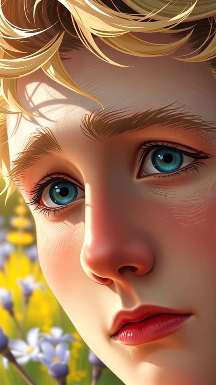 Subject: A young person with wide, curious blue eyes. Subject movement: The person's head turns slightly from side to side, capturing the details of their vibrant environment. Scene: Positioned in a bustling outdoor market, vibrant colors and various stalls interspersed in the background. Style: Sunlight filters through the overhead canopies, casting playful shadows and lending a golden hue to the scene. Motion: The camera gently zooms in, focusing on the person's expressive face before shifting to reveal the lively surroundings in an immersive, dynamic panning shot.