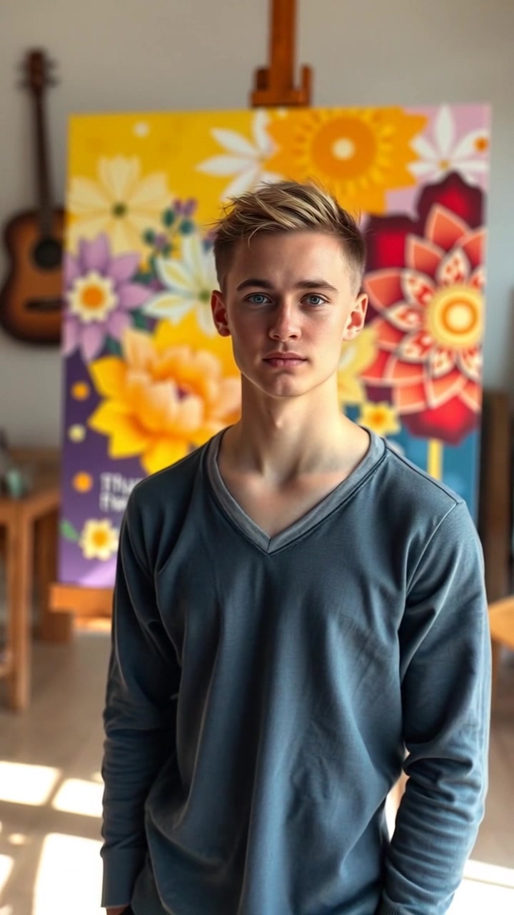 Scene: A bright studio filled with vibrant artwork and splashes of color, featuring a large, eye-catching painting in the background. Style: Ambient lighting that accentuates the colors of the artwork, creating an inviting atmosphere. Motion: Camera begins with a close-up on the painting, then smoothly pulls back to reveal Ryan standing in front of it, engaging with the vibrant colors and patterns.