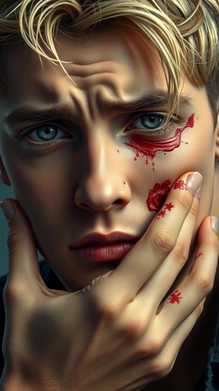 Scene: A close-up of hands holding a bloody bandaged ear, expressing distress. Style: Soft, dim lighting creating a somber atmosphere, with shadows accentuating the tension. Motion: The camera slowly zooms in on the hands, emphasizing the urgency and emotional weight of the moment as the fingers tremble slightly.