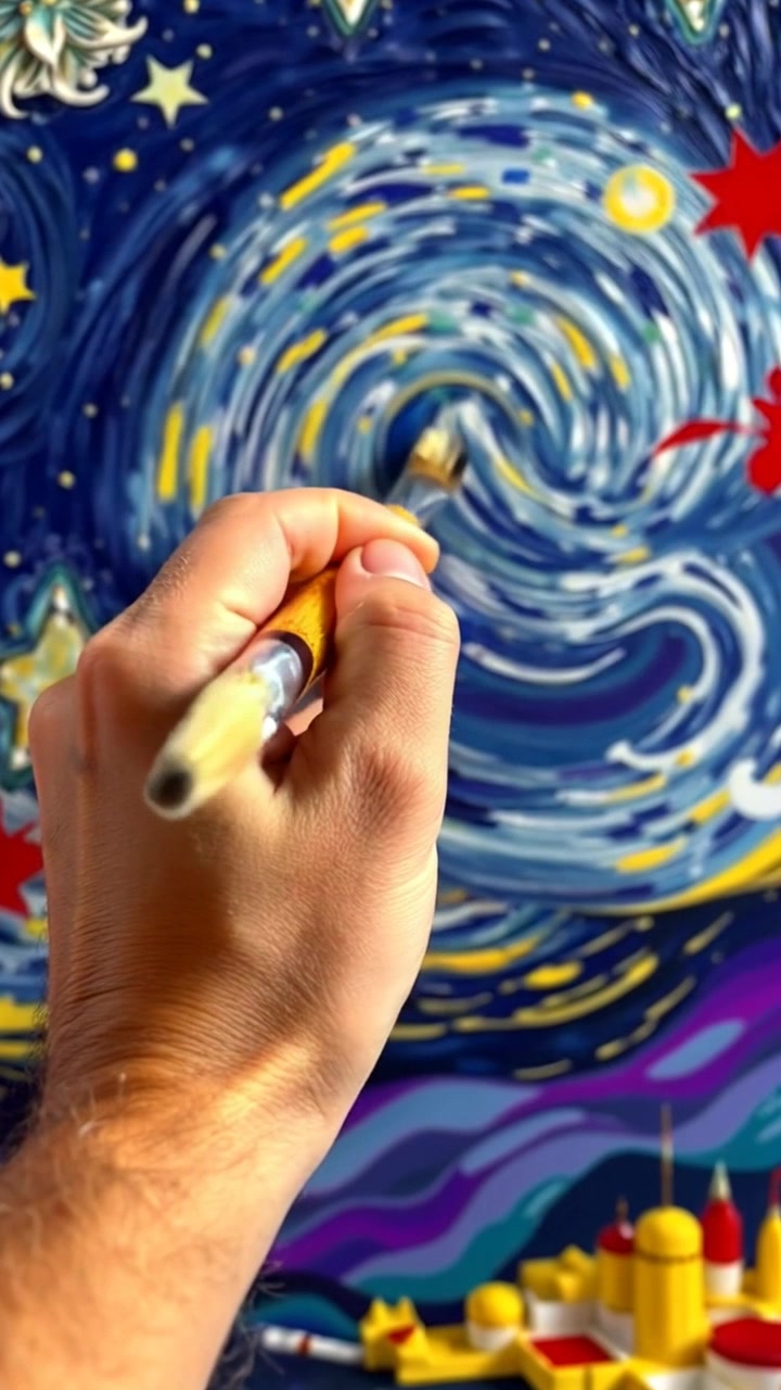 Scene: A close-up of a hand gripping a paintbrush, dynamically applying bold strokes to a canvas that portrays a mesmerizing starry night. Style: Soft ambient lighting reflects the warm hues of the paint, enhancing the depth of the colors on the canvas. Motion: The camera smoothly glides in closer as the brush moves with intent, capturing the vibrant details of the artwork and the artist's focus.