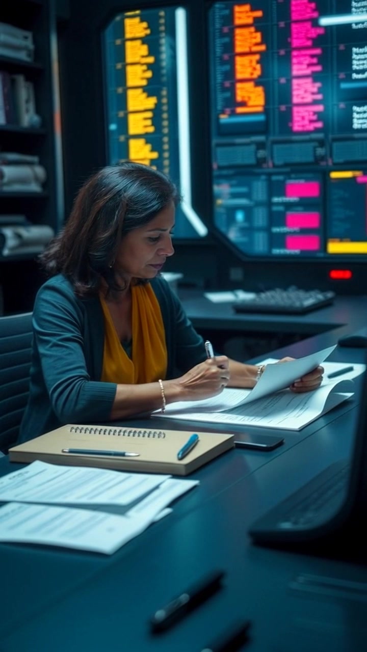 Subject: A focused individual seated at a large desk, intently reviewing documents and making notes. Scene: A modern office setting filled with bookshelves and warm lighting. Motion: Camera slowly pushes in on the subject, capturing their concentrated expression and the details of the documents on the desk, with ambient morning light creating a productive atmosphere.