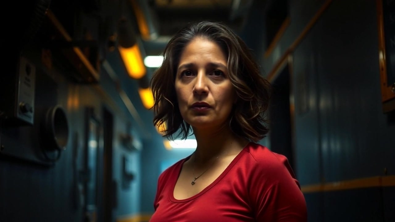 Subject: Asha standing alone in a dimly lit corridor of a base, surrounded by eerie shadows. Scene: Dark corridor illuminated by flickering overhead lights, creating an unsettling atmosphere. Motion: Start with a slow zoom in on Asha, her expression contemplative as she glances down the hallway, with a handheld camera giving a slightly shaky effect to enhance the tension.