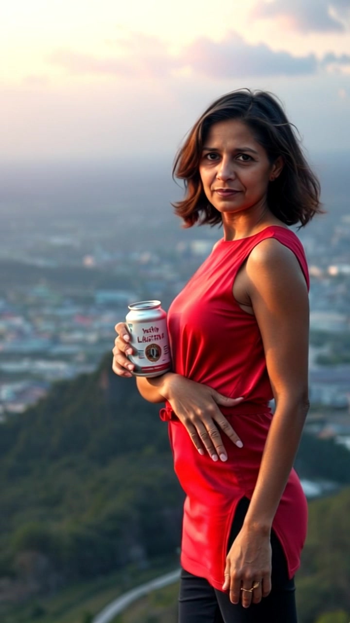 Subject: Asha standing confidently on a hilltop. Subject movement: Asha gazes steadily over the vast valley, winds gently ruffling her hair. Scene: A panoramic view from a hilltop, showcasing a sprawling valley below, with distant mountains framing the horizon. Style: Soft, golden-hour lighting bathing the landscape in warm tones, enhancing the serene atmosphere. Motion: The camera begins with a wide shot capturing Asha in profile against the stunning scenery, then slowly pans out to reveal the entire valley while maintaining focus on her confident stance.