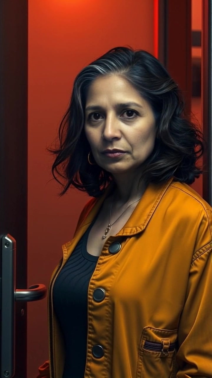 Subject: Asha standing at a door with a serious expression. Subject movement: Asha transitions from stillness to stepping forward with purpose, her gaze intently focused ahead. Scene: A modern hallway leading to a slightly ajar door with soft ambient light streaming in from the outside. Motion: Camera begins in a close-up on Asha's face, capturing her emotion, then slowly pulls back to reveal the hallway as she steps confidently through the door. Style: Warm, inviting lighting complements the scene's serious tone.