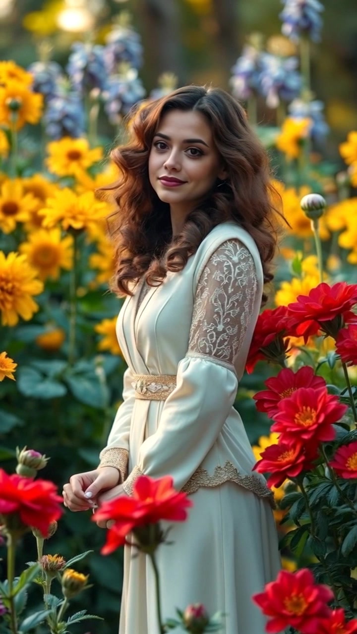 Subject: Maya standing gracefully in a garden. Subject movement: She begins to slowly turn her head, taking in the beauty of the blooming flowers around her. Scene: A vibrant and colorful garden filled with a variety of flowers in full bloom, lush greenery enhancing the picturesque setting. Style: Soft, natural lighting filtered through the leaves, creating a warm and inviting atmosphere. Motion: The camera gently pans around Maya, capturing her expression and the fluttering petals in the breeze, highlighting the serene beauty of the scene.