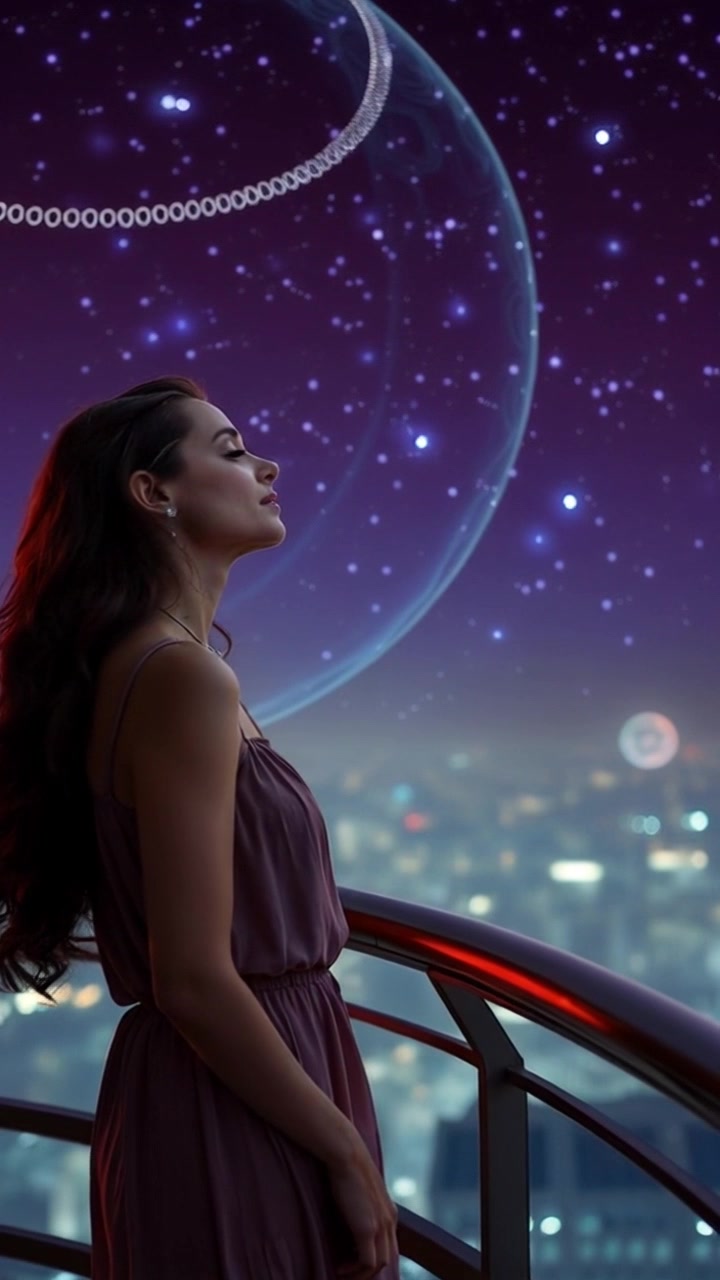 Subject: A woman standing on her balcony. Subject movement: She gazes wistfully at the night sky filled with stars, her silhouette softly backlit. Scene: A balcony overlooking a tranquil city skyline, twinkling stars shimmering overhead. Style: Soft ambient moonlight illuminating the scene, creating a serene and contemplative atmosphere. Motion: The camera gently pushes in from a wide shot of the cityscape, gradually focusing on her expression, capturing the tranquility of the night.