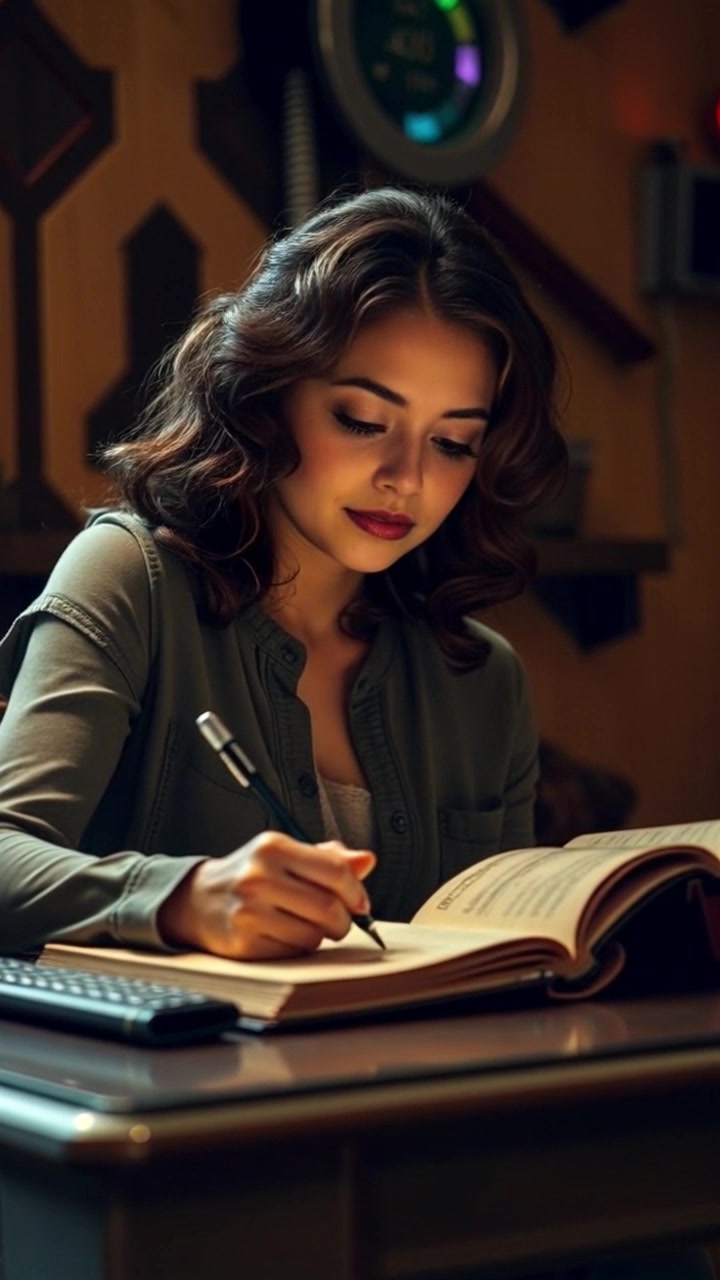 Scene: A cozy interior with Maya sitting at a wooden desk, writing in her diary, with soft light illuminating the room. Style: Warm, inviting lighting enhancing the tranquil atmosphere. Motion: The camera smoothly pushes in on Maya's focused expression as she writes, capturing the intimate details of her diary and the warm hues of the setting.