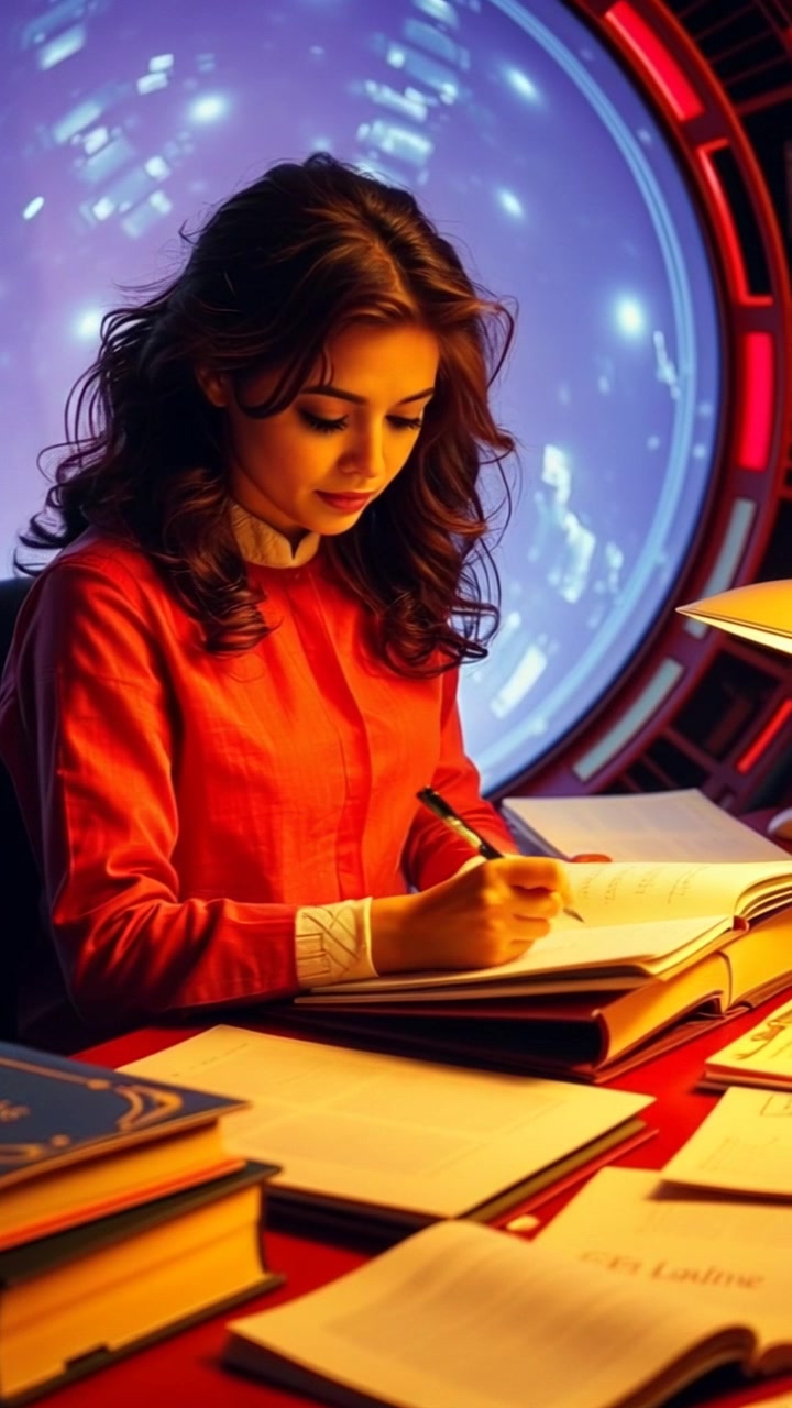 Subject: A focused individual diligently writing notes at a cluttered desk. Subject movement: The individual occasionally glances up, maintaining a steady hand while writing. Scene: Intimate study environment surrounded by stacks of books and papers, with natural light streaming through a nearby window. Style: Warm morning light illuminating the desk, creating soft shadows that enhance the atmosphere of concentration. Motion: Camera gently pushes in toward the desk, capturing the meticulous hand movements and revealing the surrounding chaos of learning materials.