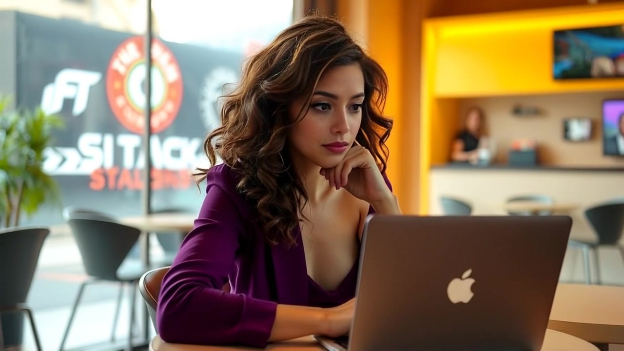Subject: A woman deep in thought at a modern café table, working on her laptop. Subject movement: She pauses, looking off into the distance, as if contemplating her next idea. Scene: A stylish, contemporary café setting with minimalist decor and soft background chatter. Style: Warm, inviting lighting illuminating her workspace. Motion: The camera slowly pushes in from a wider shot of the café, focusing on the woman’s expression and the glow of her laptop screen.