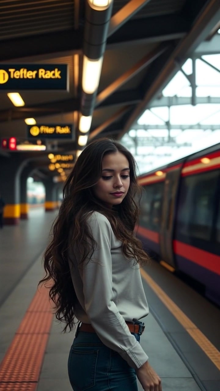 Subject: A young person standing alone at a train station platform. Subject movement: They look down pensively as trains rush by in the background. Scene: A bustling train station platform filled with the sounds of arriving and departing trains, with blurred motion in the background conveying the haste of travel. Style: Soft morning light filtering in, creating a serene yet busy atmosphere. Motion: The camera slowly pushes in on the subject, capturing their contemplative posture, while the trains zoom past in a dramatic, sweeping motion.