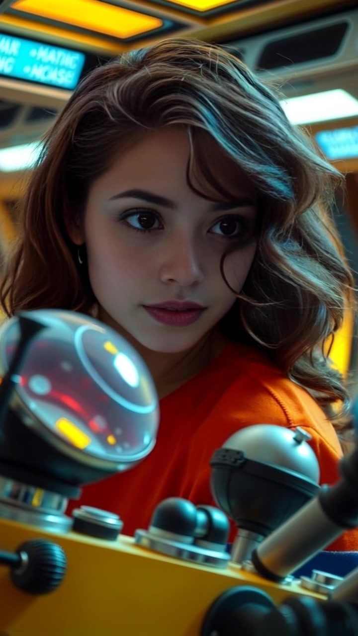 Subject: A focused woman examining intricate ship instruments. Subject movement: She leans in slightly, adjusting her gaze as she softly taps a control panel. Scene: Inside the cockpit of a futuristic ship, filled with glowing screens and complex controls. Style: Dim ambient lighting with highlights illuminating the screens, creating a tense, concentrated atmosphere. Motion: Camera slowly pushes in for a close-up of her face, capturing the determination in her expression, while her hand subtly interacts with the instruments.
