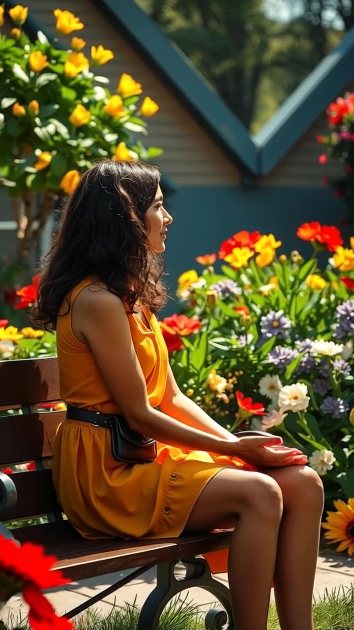 Subject: A reflective person sitting on a bench in a beautiful garden. Subject movement: The person gazes thoughtfully at the vibrant flowers around them, occasionally gesturing as they speak. Scene: Lush garden filled with colorful flowers, trees, and a serene atmosphere. Style: Soft, ambient sunlight filtering through the leaves, creating a warm and inviting mood. Motion: The camera gently pushes in closer to capture their expressions and hand movements, then slowly pans to reveal the surrounding flora in full bloom.