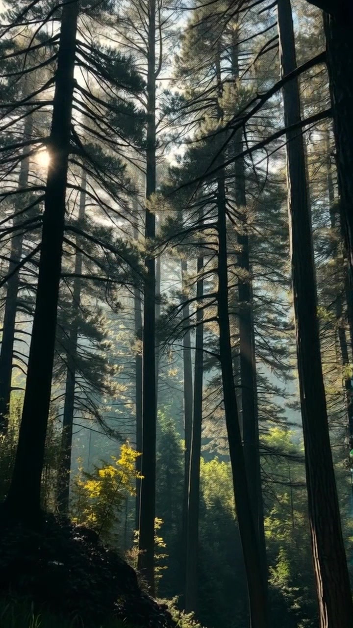 Scene: A dense and beautiful forest with tall trees, sunlight filtering through the leaves. Style: Warm, dappled sunlight creating a serene atmosphere with subtle highlights on the foliage. Motion: Camera glides smoothly through the forest, weaving between the trees, capturing the gentle sway of branches in the breeze.