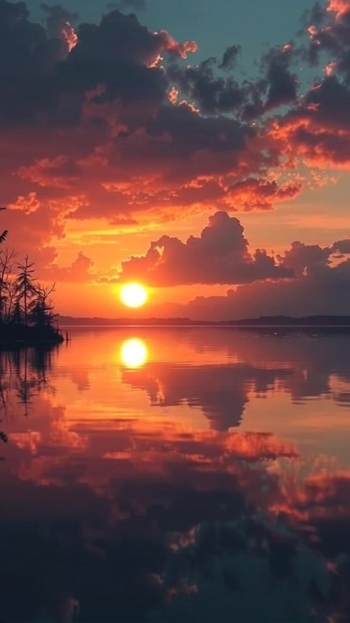 Scene: A tranquil sunset view over a calm lake, with the reflection of trees and the sky mirrored perfectly on the water. Style: Warm lighting from the setting sun creates a serene and inviting atmosphere. Motion: The camera slowly pans across the lake's surface, capturing the undisturbed reflections while revealing the vibrant colors of the sky as day transitions into night.