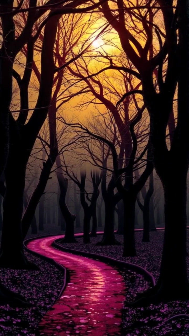 Scene: A winding path through a dense forest, with light filtering through the branches overhead. Style: Soft, dappled sunlight creating a warm and inviting atmosphere. Motion: The camera glides smoothly along the path, gently panning to reveal the towering trees on either side, as leaves rustle in a light breeze.
